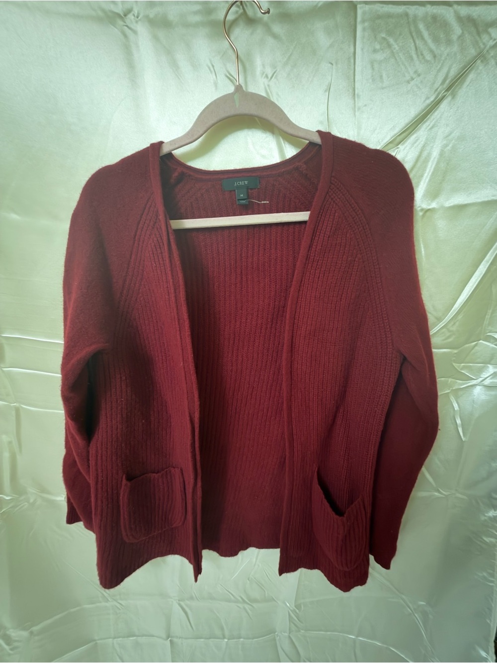 J.Crew 100% Wool Burgundy Open Front Cardigan Sweater Women’s M Ribbed Knit